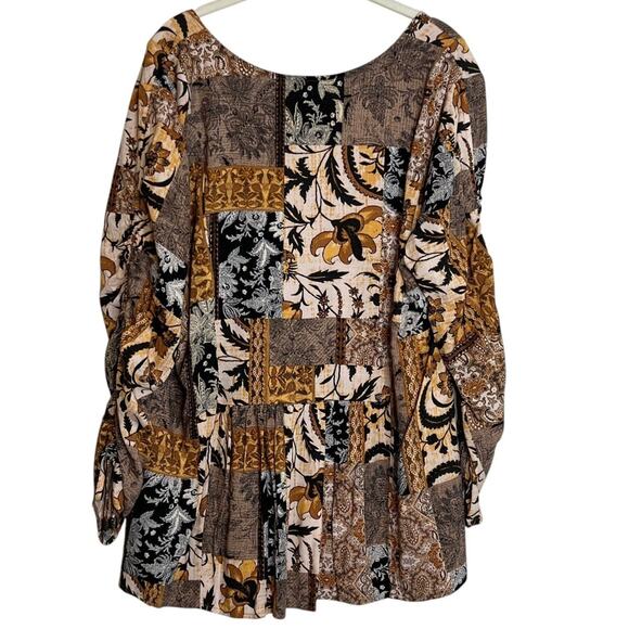 Passport by Susan Graver Womens Blouse XL Brown Gold Patchwork Ruched Sleeves - Picture 4 of 6